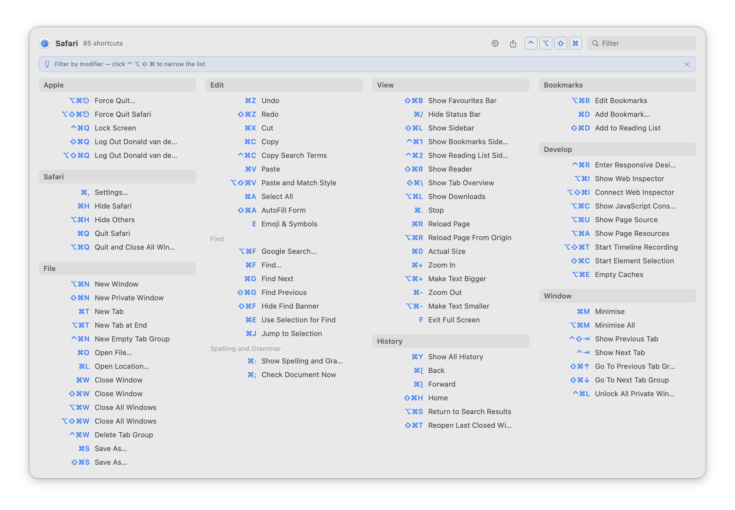 KeyMinder showing Safari keyboard shortcuts grouped by menu