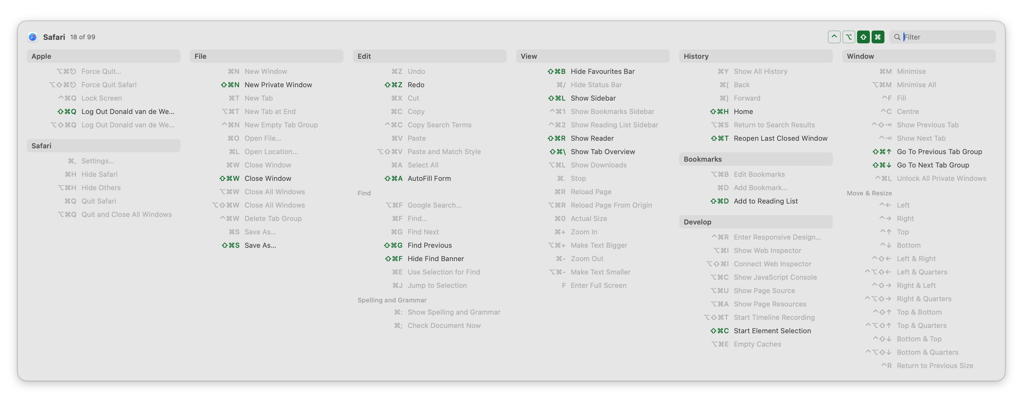 KeyMinder showing Safari keyboard shortcuts grouped by menu